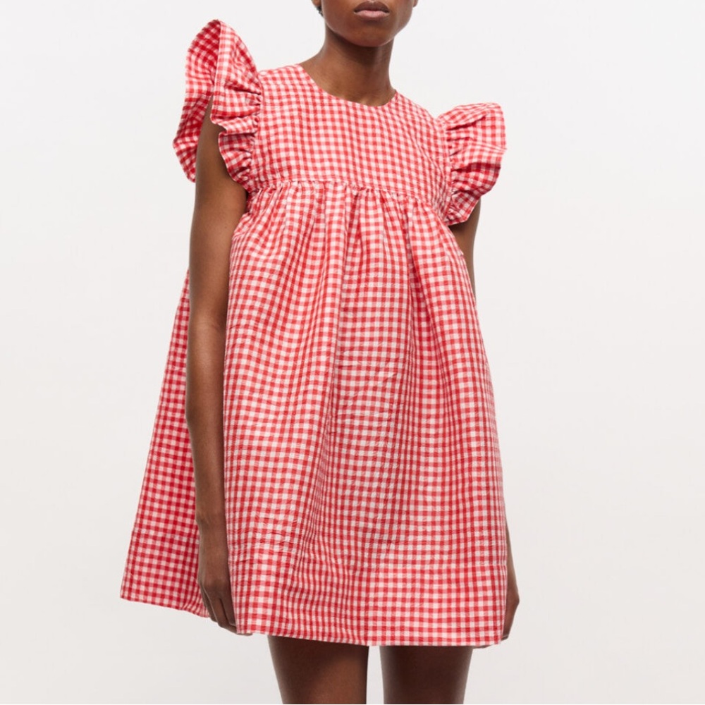Ganni Red Crinkled Check Taffeta Dress